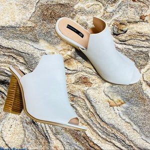 White Genuine Leather Wooden Stacked Heel Mules